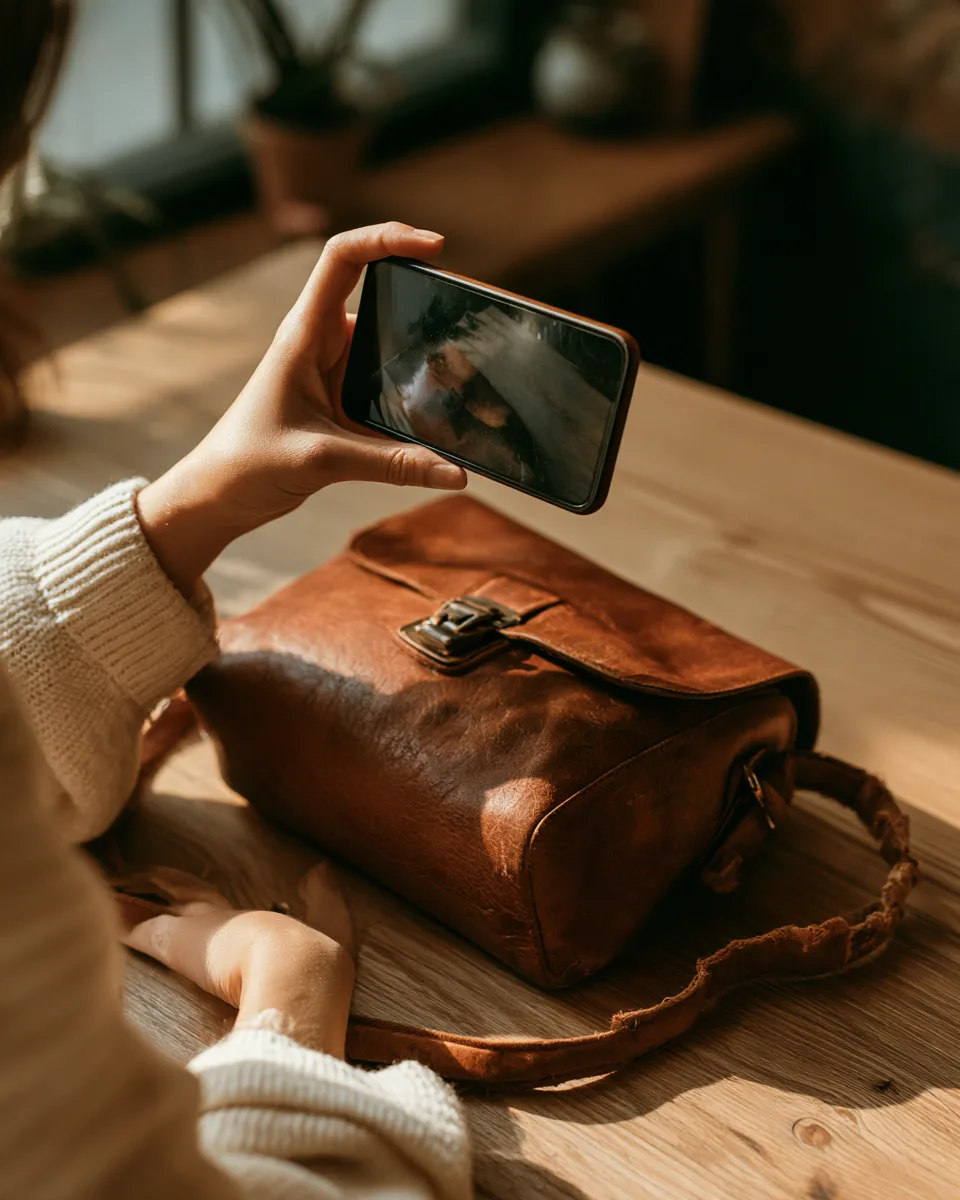 Telefonla eskimiş deri çantanın fotoğrafını çeken eller